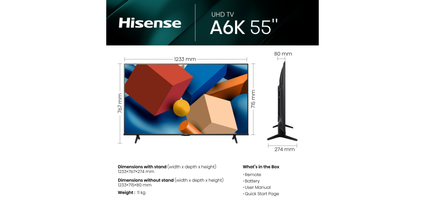 HISENSE 55 INCH UHD 4K SMART TV 55A6K